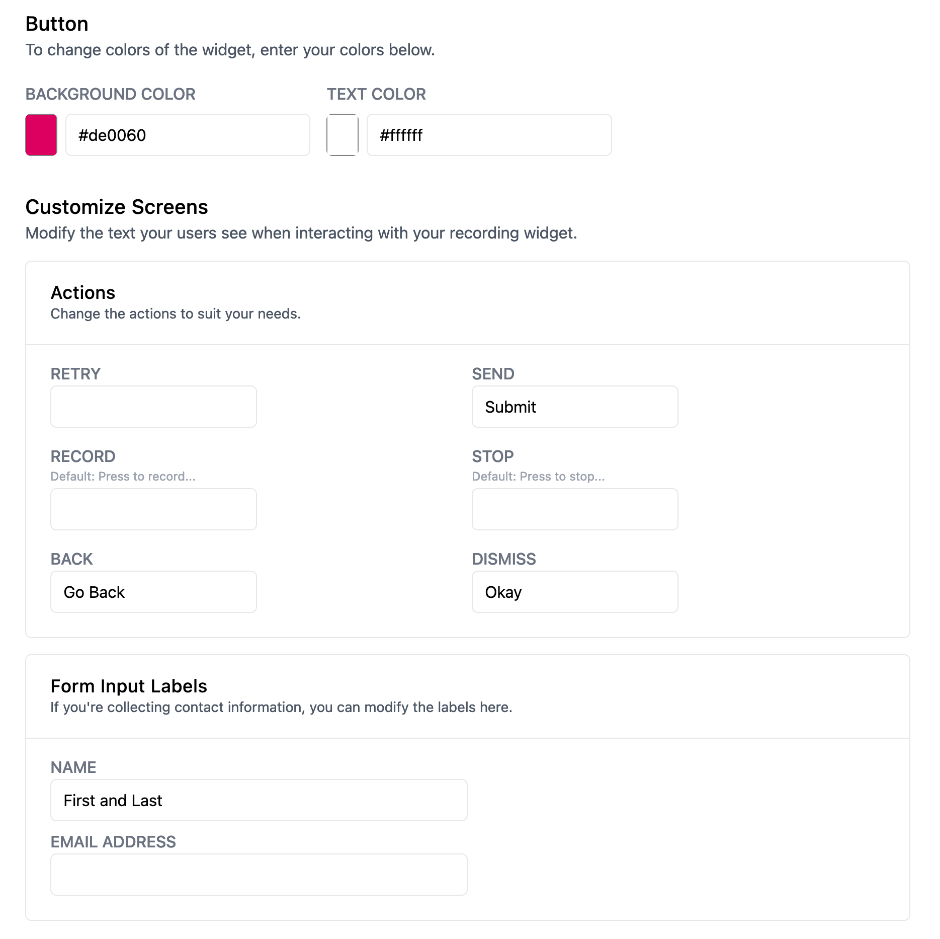Soundbite widget customization settings showing color pickers and text options.