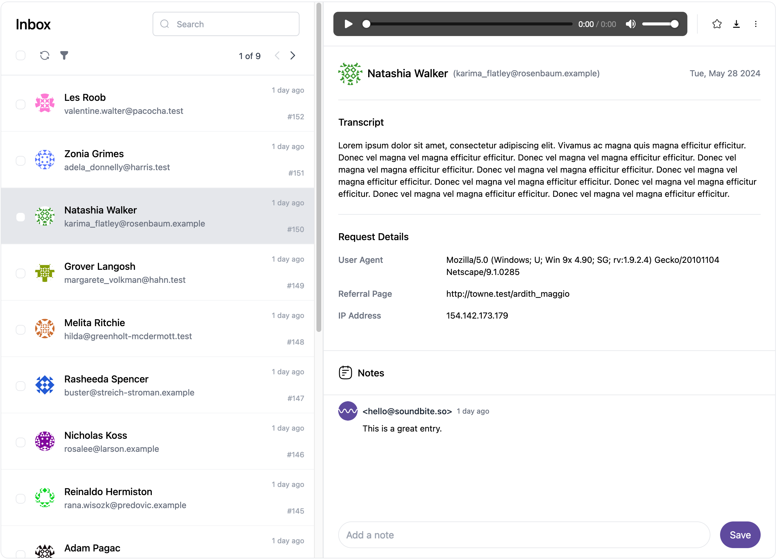 Soundbite inbox showing a list of voice messages with favorites and notes.
